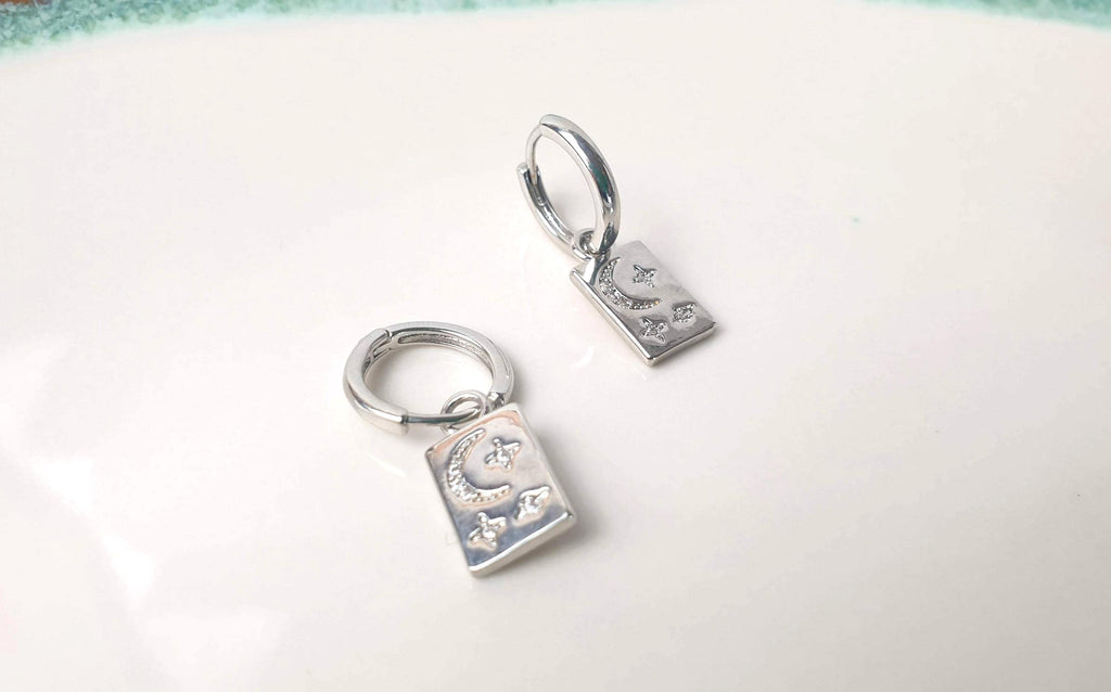 Hoop Earrings with dangle rectangle Moon and Stars in Sterling Silver, Crescent Moon Earrings, Lunar Celestial Jewelry