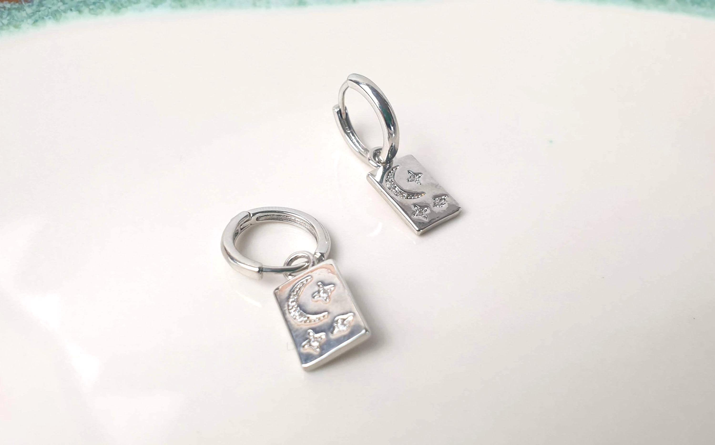 Hoop Earrings with dangle rectangle Moon and Stars in Sterling Silver, Crescent Moon Earrings, Lunar Celestial Jewelry