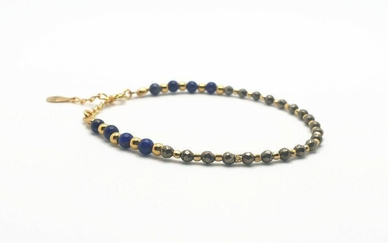 Lapis Lazuli & Faceted Hematite Bracelet: Gold Plated Silver Beaded Gemstone