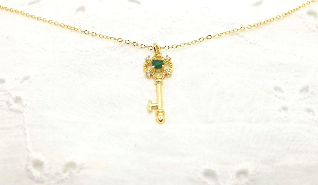 Gold Plated Silver Key Necklace: Green Cubic Zirconia Pendant