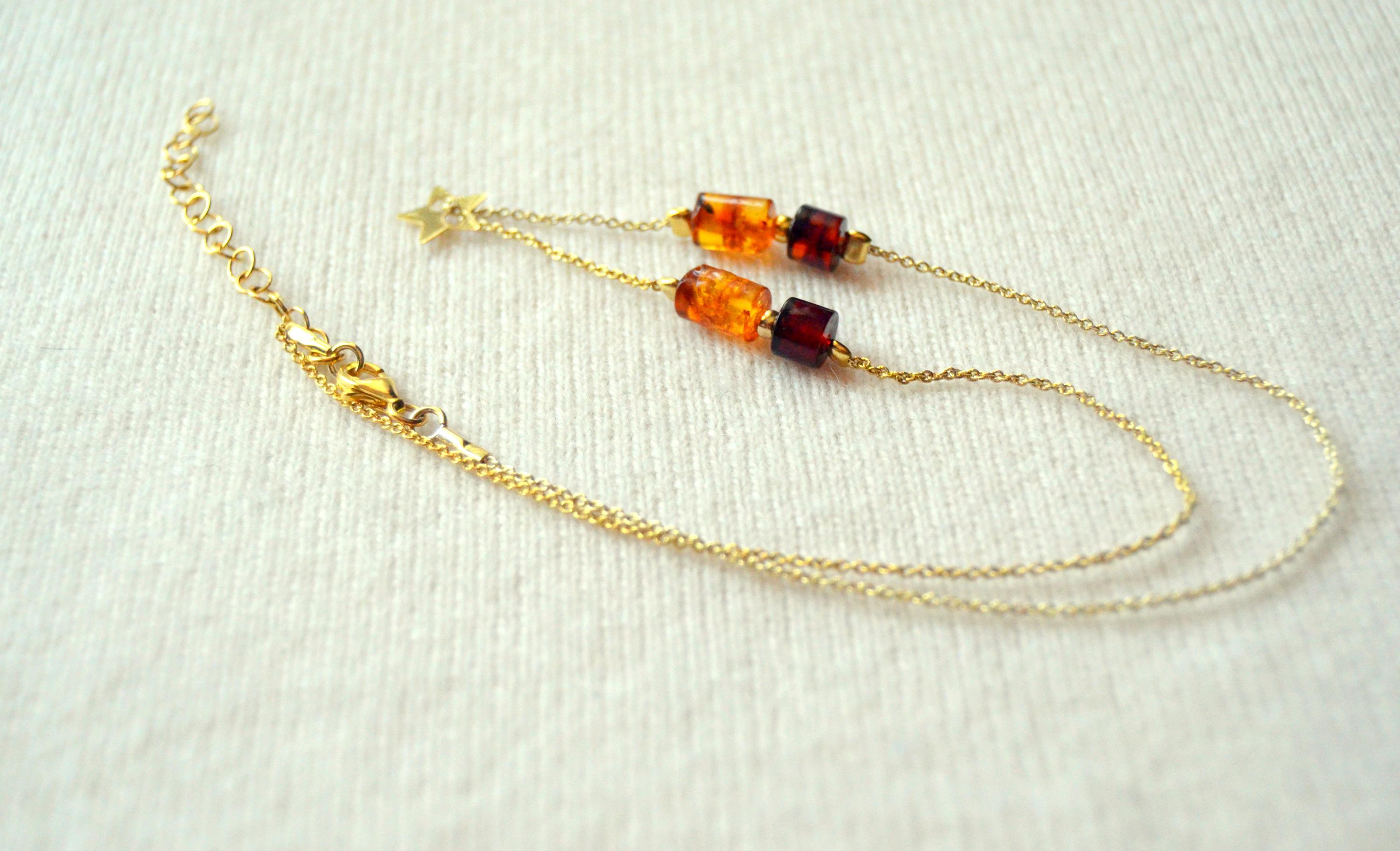 Baltic Amber Necklace Gold Plated - Adjustable Barrel Cut Amber Chain & Cherry Star Charm