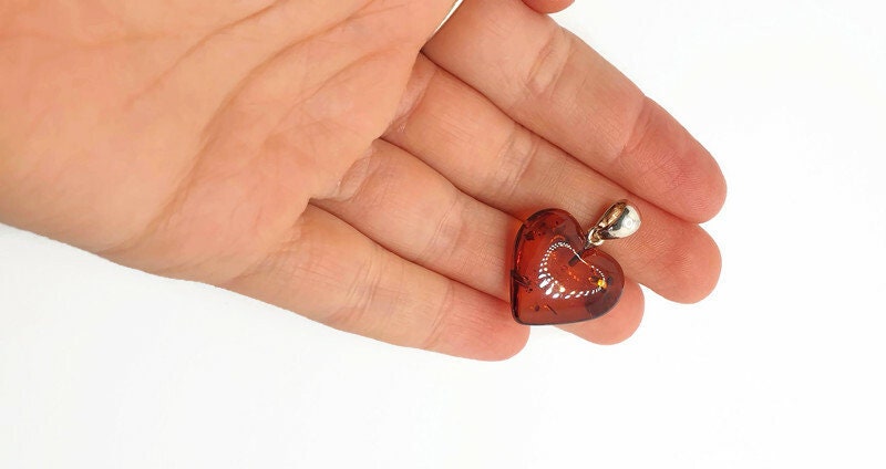 Baltic Amber Pendant - Handmade Cognac Amber Heart Shaped Jewelry with Sterling Silver