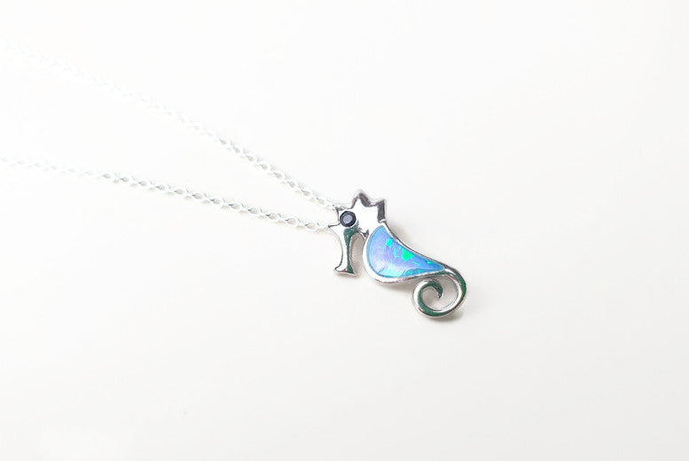 Blue Opal Seahorse Pendant necklace with sterling silver, Greek Sea Inspired Jewelry