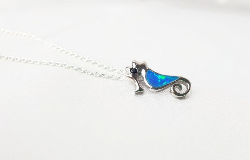 Blue Opal Seahorse Pendant necklace with sterling silver, Greek Sea Inspired Jewelry