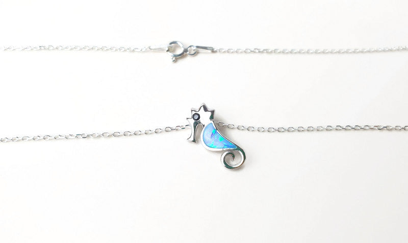 Blue Opal Seahorse Pendant necklace with sterling silver, Greek Sea Inspired Jewelry