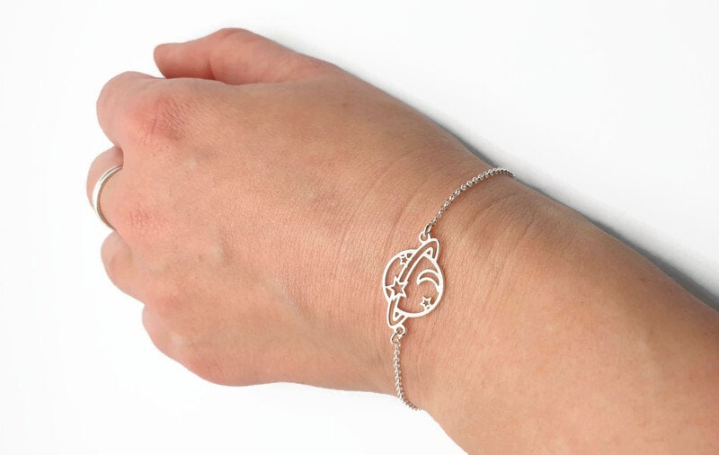 Saturn Planet Sterling Silver Bracelet, Link Chain Bracelet, Celestial Universe Sky Jewelry