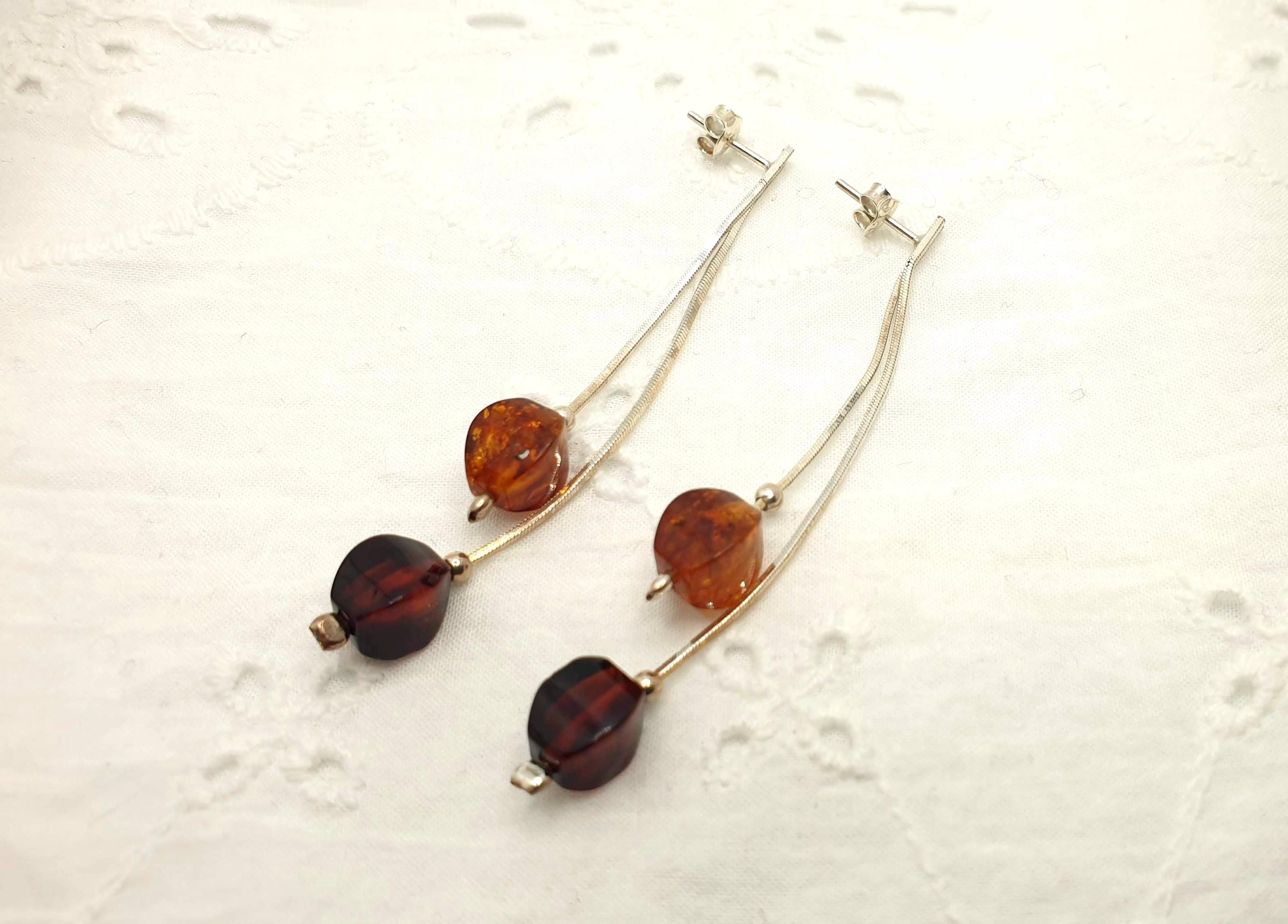 Baltic Amber Earrings – Long Cognac Cherry Faceted Amber Dangle Sterling Silver