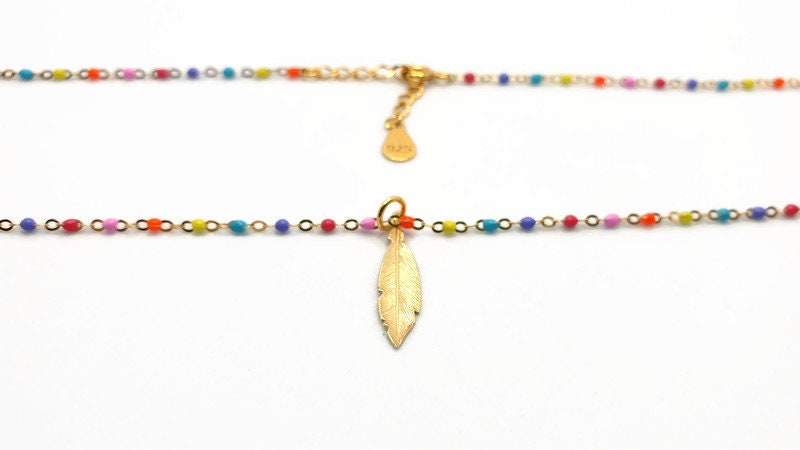 Gold Feather Necklace – Boho Multicolor Enamel Chain | 18K Gold Plated Silver Pendant
