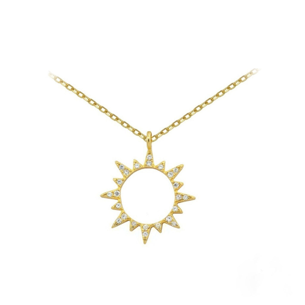 Gold Plated Silver Sunburst Necklace: Boho Cubic Zirconia Sun Pendant
