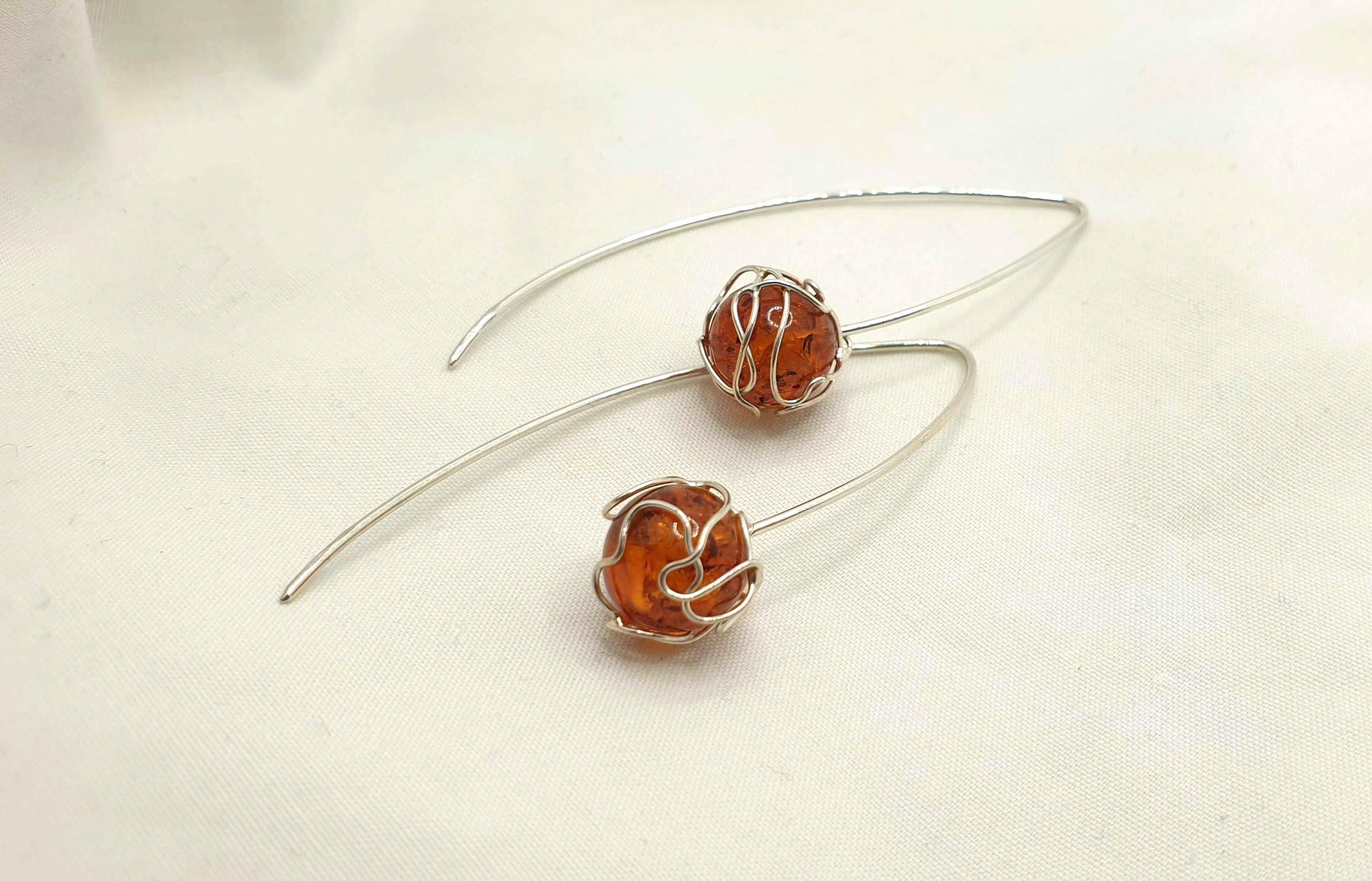 Amber Hoop Earrings – Sterling Silver 925 Long Hook With Cognac Honey Amber Beads