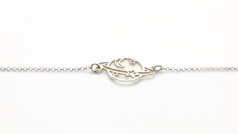 Saturn Planet Sterling Silver Bracelet, Link Chain Bracelet, Celestial Universe Sky Jewelry