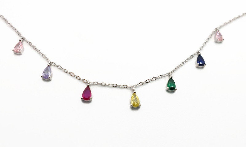 Sterling Silver Necklace | Multicolor Cubic Zirconia Teardrop Pendant - Adjustable Length