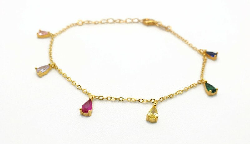 Gold Plated Bracelet – 18K Silver Chain With Multicolor Cubic Zirconia Charms