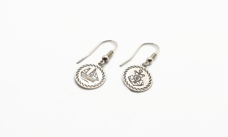 Sterling Silver Earrings - Nautical Dangle Earrings with Anchor Ship Charms