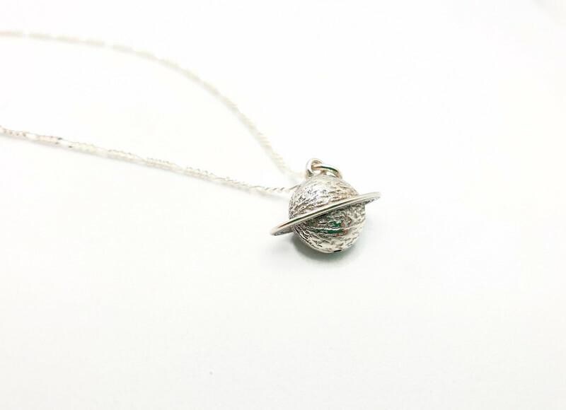 Sterling Silver Saturn Planet Pendant Necklace with long Chain,Celestial Jewelry
