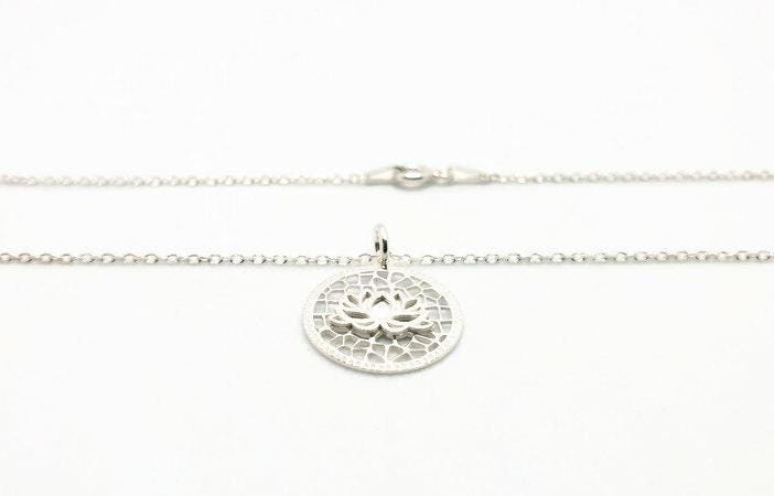 Lotus Flower Sterling Silver 925 Pendant Chain Necklace, Circle Mandala Floral Yoga Necklace