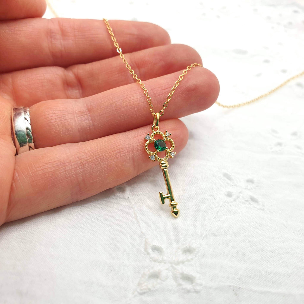 Gold Plated Silver Key Necklace: Green Cubic Zirconia Pendant
