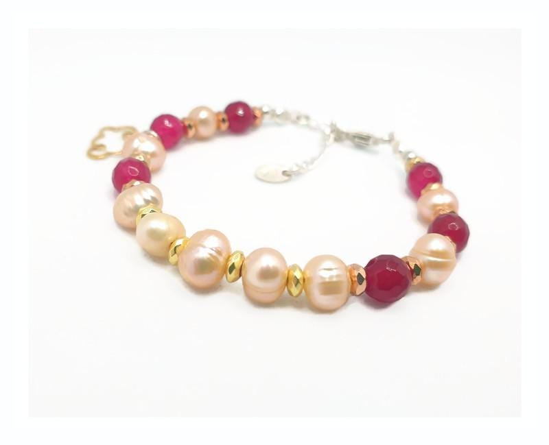 Pearl Chain Bracelet – Natural Gemstone Jewelry with Ruby Pink Agate & Sterling Silver