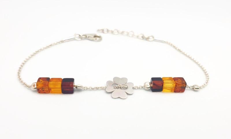 Baltic Amber Bracelet – Sterling Silver Adjustable Four Leaf Clover Jewelry