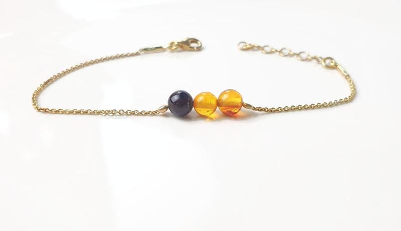 Baltic Amber Bracelet – Minimalist Gold Plated Silver Link with Multicolor Amber Beads