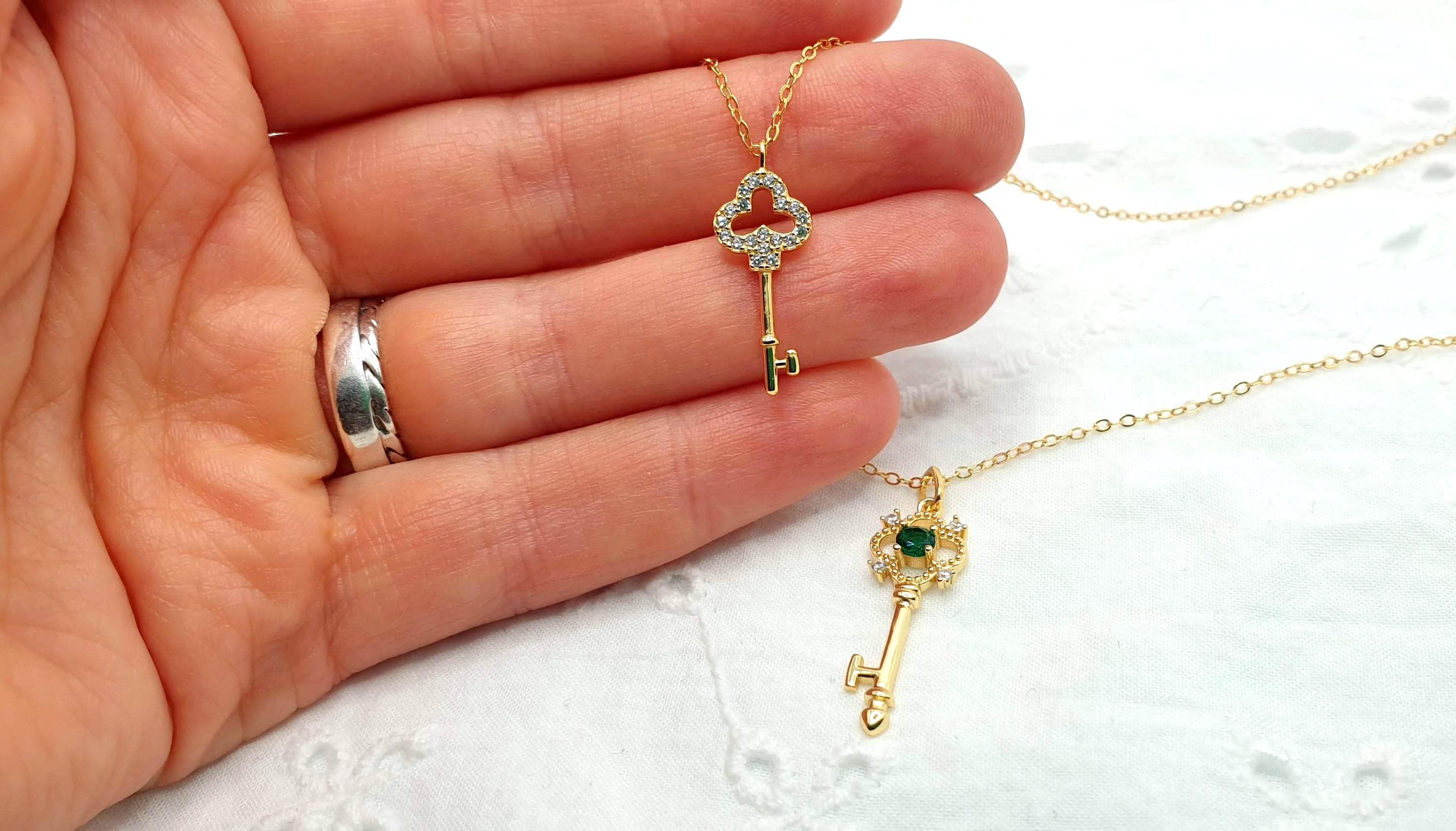 Gold Plated Silver Key Necklace: Green Cubic Zirconia Pendant