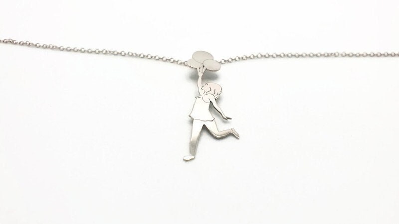 Sterling Silver Necklace – Banksy Art Pendant With Girl Balloons Charm