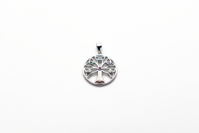 Sterling Silver Tree of Life Necklace: Colorful Enamel Chain, Cubic Zirconia Pendant