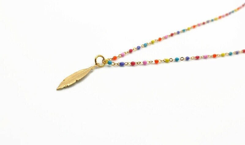 Gold Feather Necklace – Boho Multicolor Enamel Chain | 18K Gold Plated Silver Pendant