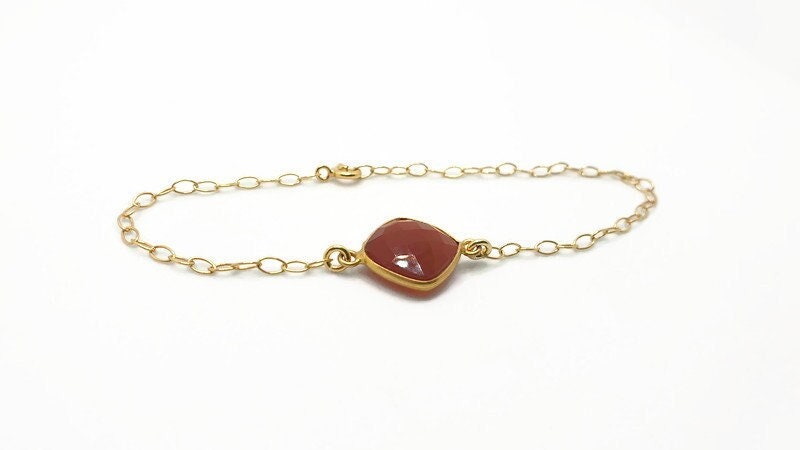 Red Carnelian Bracelet – Gold Plated Adjustable Link, Faceted Gemstone Jewelry