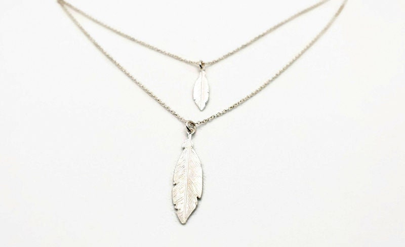 Boho Feather Necklace – Two Strand Double Chain Silver Pendant | Tribal Style Jewelry