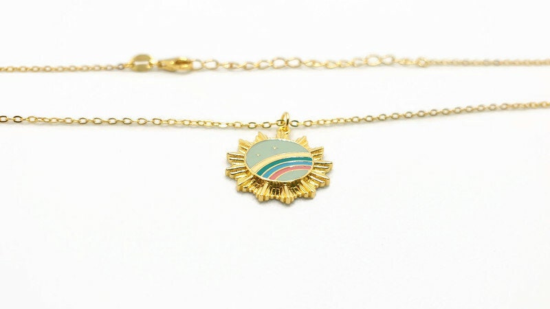 Gold Plated Sunburst Necklace: Rainbow Enamel Pendant