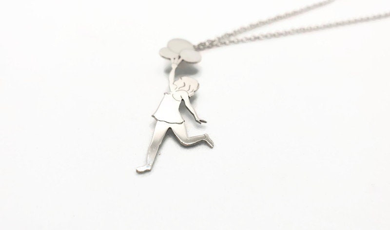 Sterling Silver Necklace – Banksy Art Pendant With Girl Balloons Charm