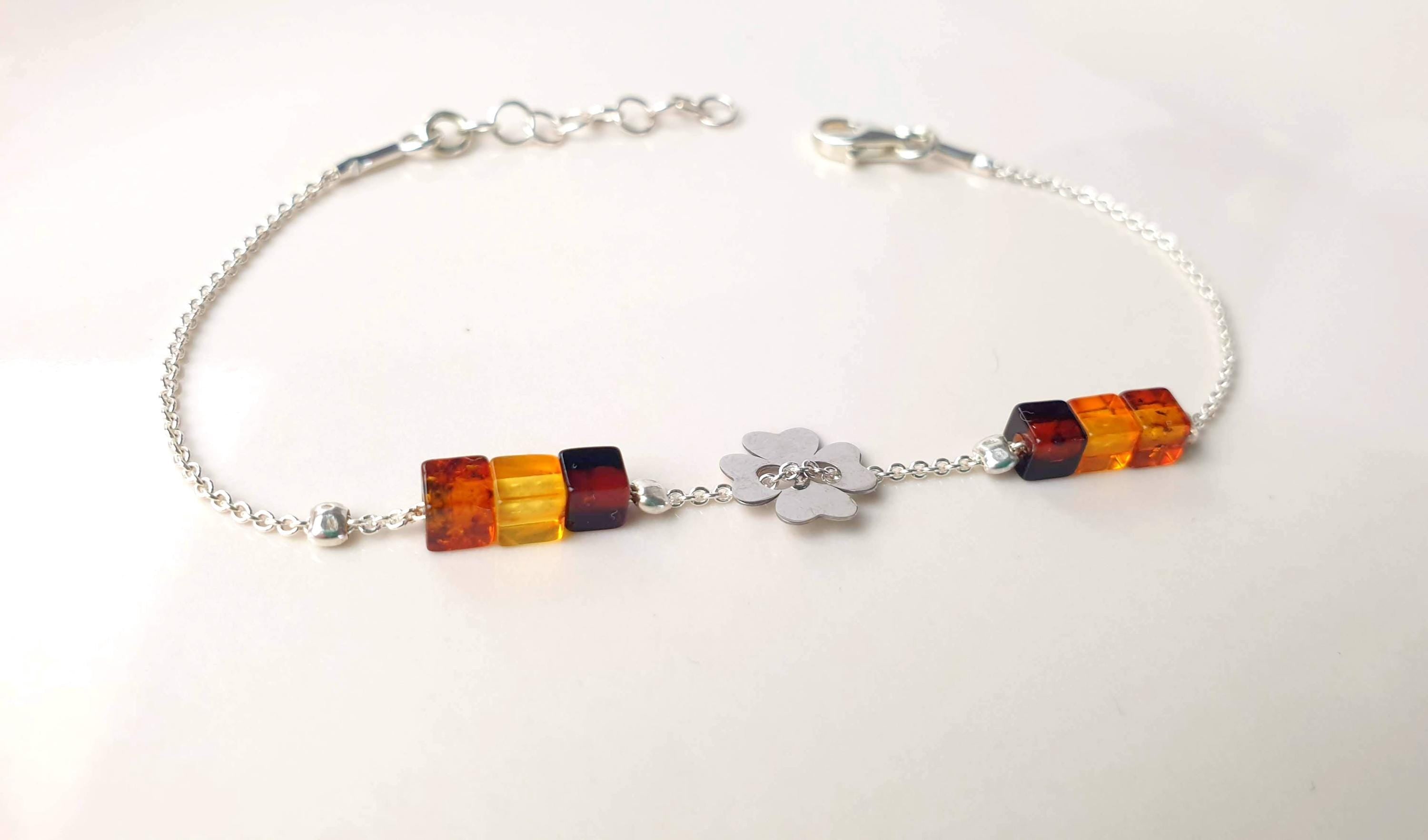 Baltic Amber Bracelet – Sterling Silver Adjustable Four Leaf Clover Jewelry