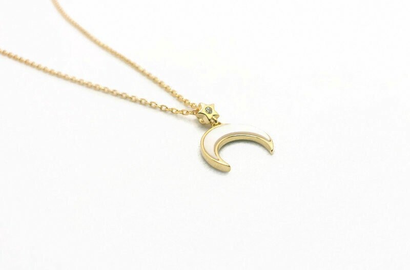 Gold Crescent Moon Necklace: Mother of Pearl Moon and Star Pendant