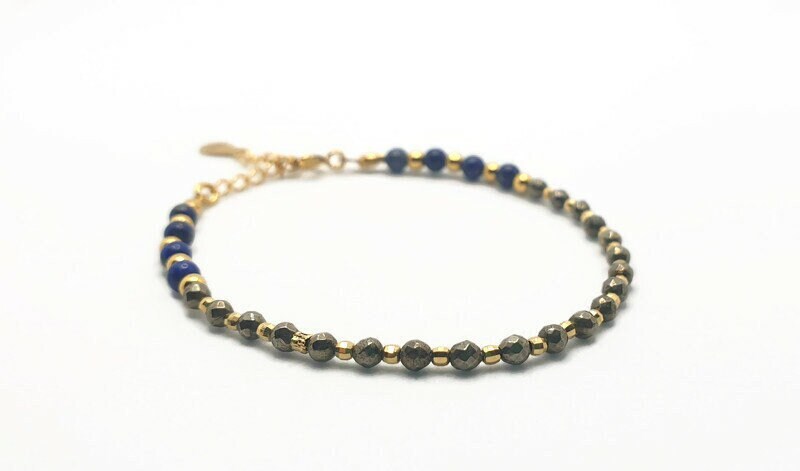 Lapis Lazuli & Faceted Hematite Bracelet: Gold Plated Silver Beaded Gemstone