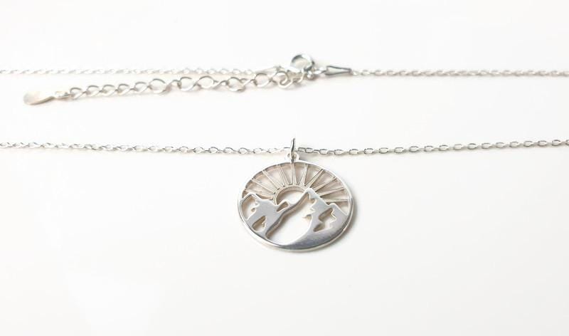 Mountain Sunburst Necklace - Sterling Silver Pendant with Adjustable Chain for Travel Jewelry