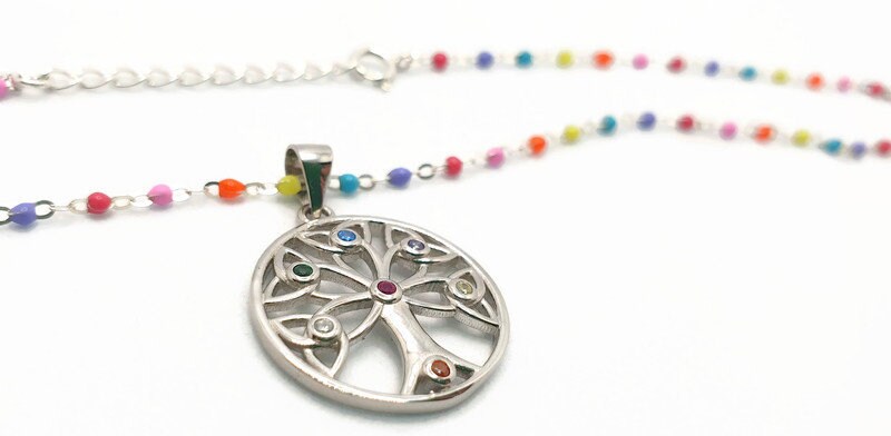 Sterling Silver Tree of Life Necklace: Colorful Enamel Chain, Cubic Zirconia Pendant