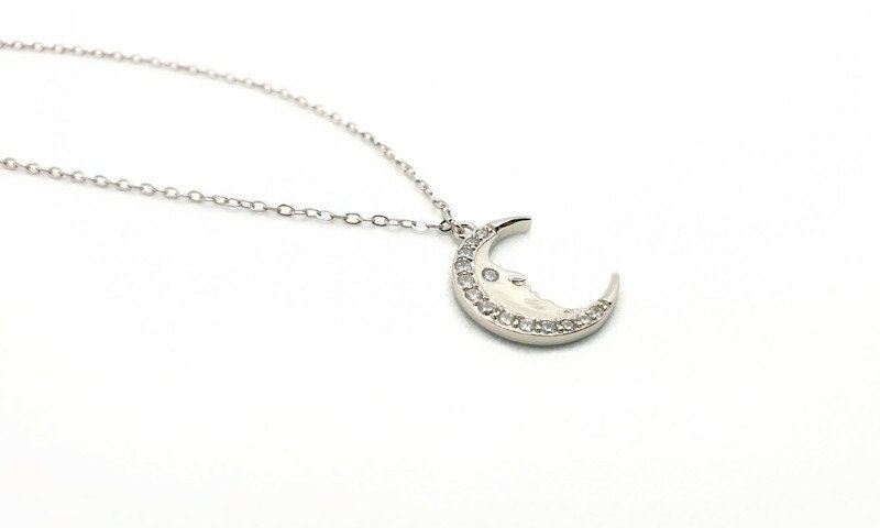 Sterling Silver Crescent Moon Necklace: Zircon Celestial Pendant