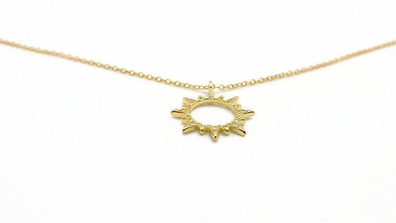 Gold Plated Silver Sunburst Necklace: Boho Cubic Zirconia Sun Pendant