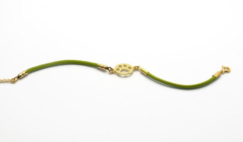 Gold Plated Dog Bracelet – 18K Silver Paw Print Charm With Green Leather Wrap