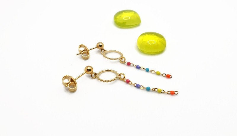 Boho Sun Dangle Earrings: Gold Plated Silver with Colorful Enamel