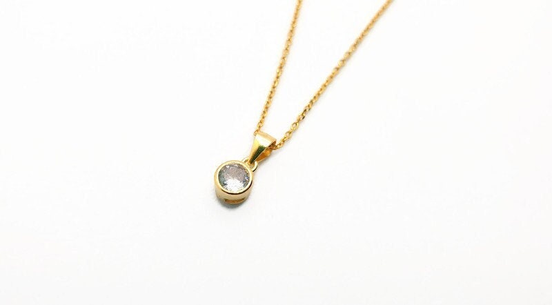 Cubic Zirconia and 18K Gold Plated Silver Necklace, Minimalist Elegant Pendant, Gemstone Quartz Jewelry