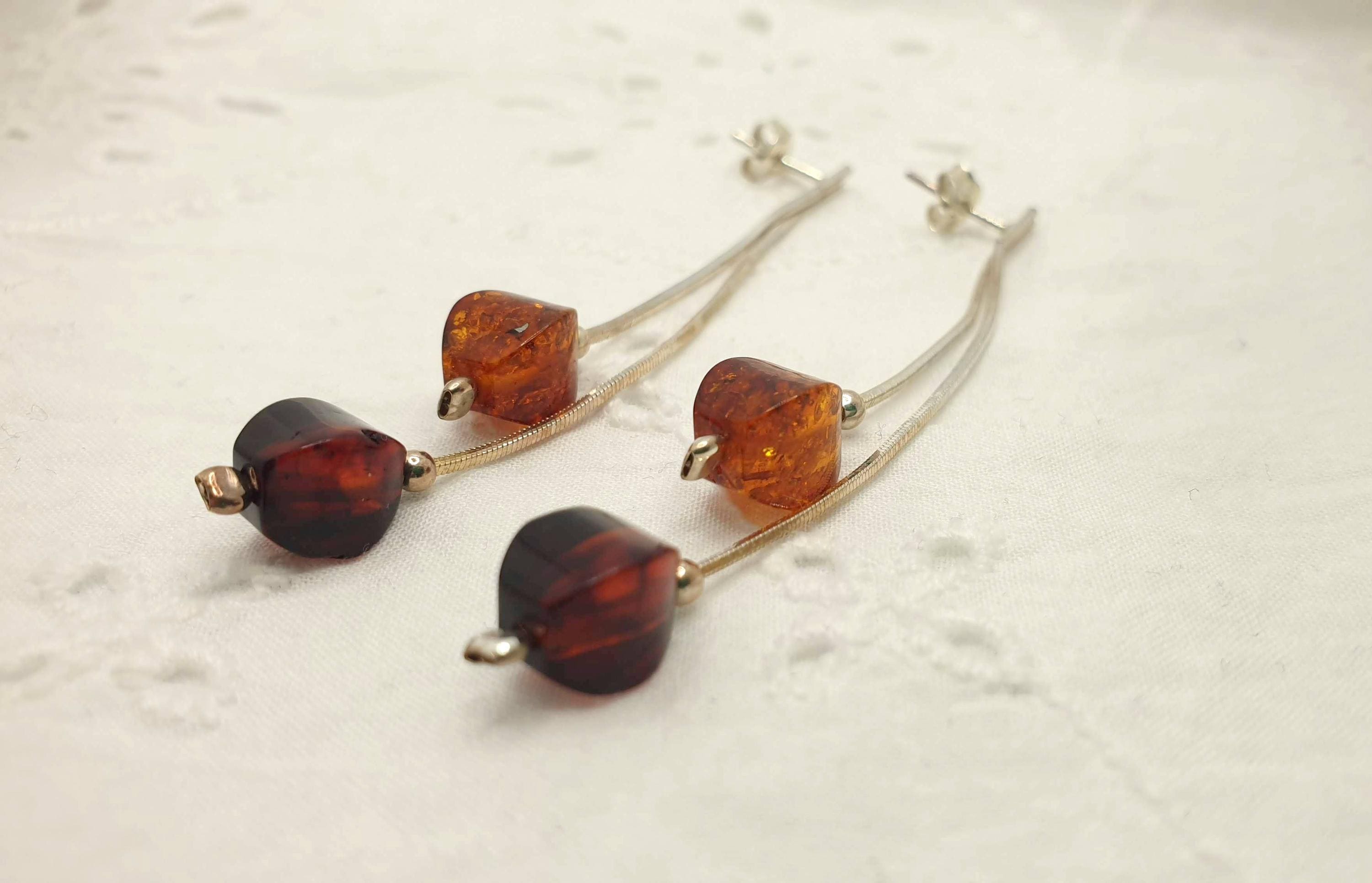 Baltic Amber Earrings – Long Cognac Cherry Faceted Amber Dangle Sterling Silver