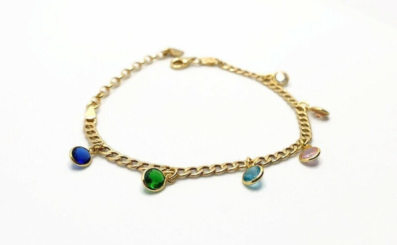 Gold Plated Silver Bracelet – Multicolor Cubic Zirconia Charm – Adjustable Chain