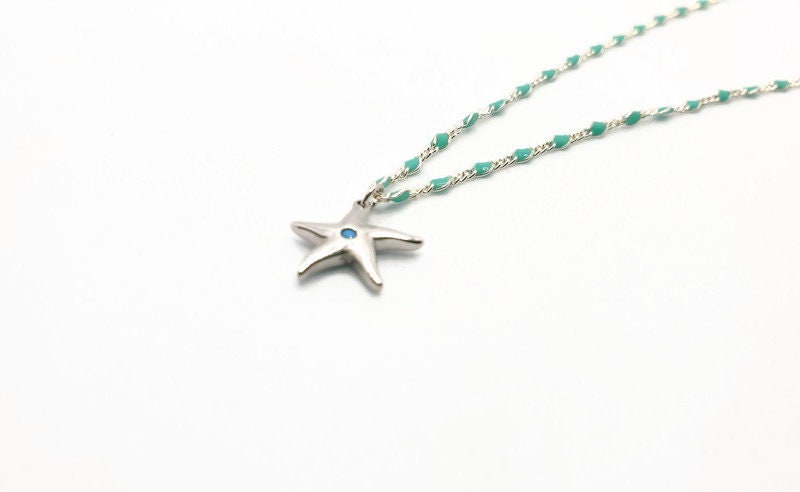 Starfish Silver Necklace – Turquoise Enamel Chain | Boho Beach Jewelry Pendant