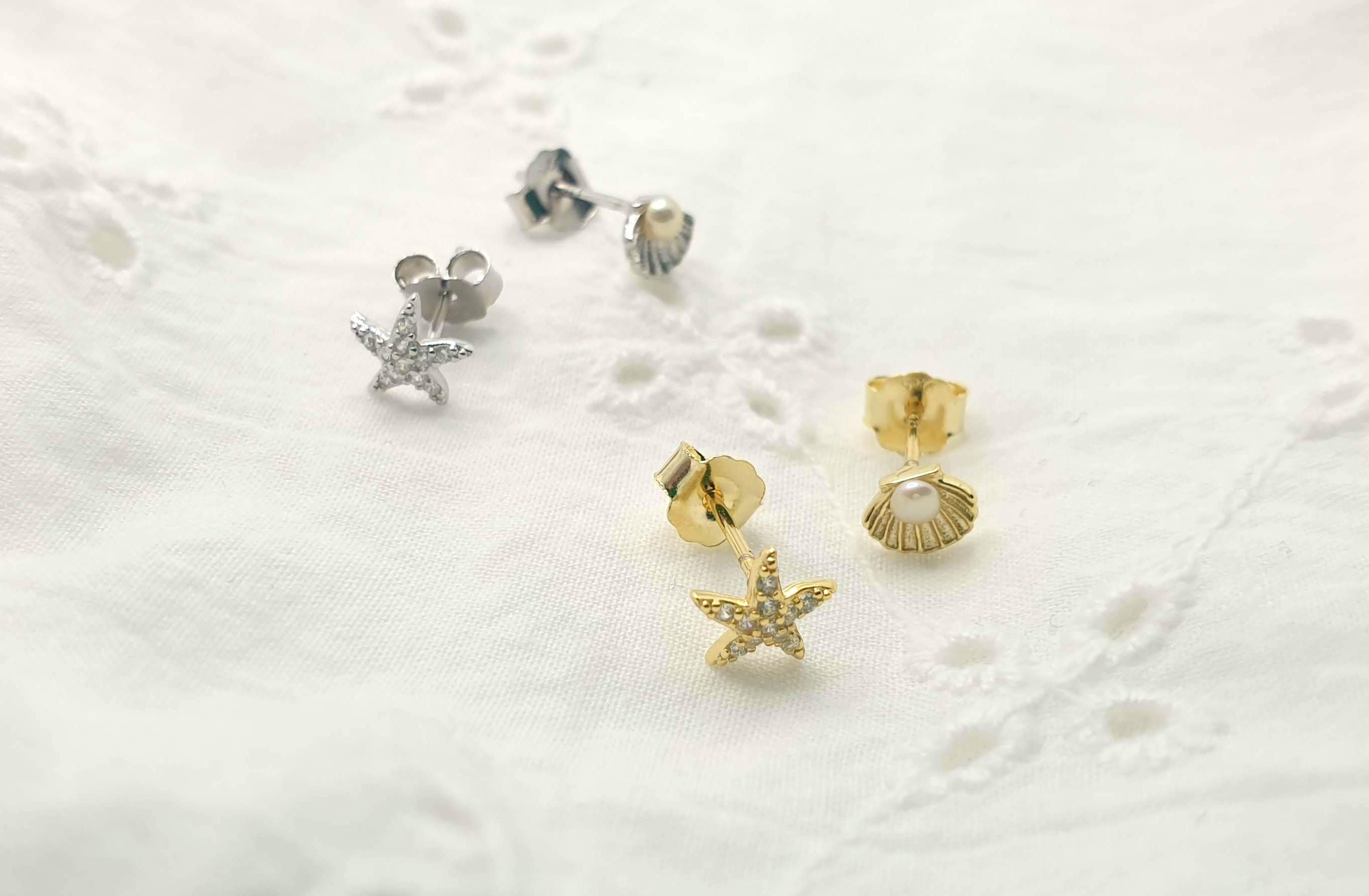 Sterling Silver Stud Earrings | Starfish Seashell Pearl & Cubic Zirconia Studs