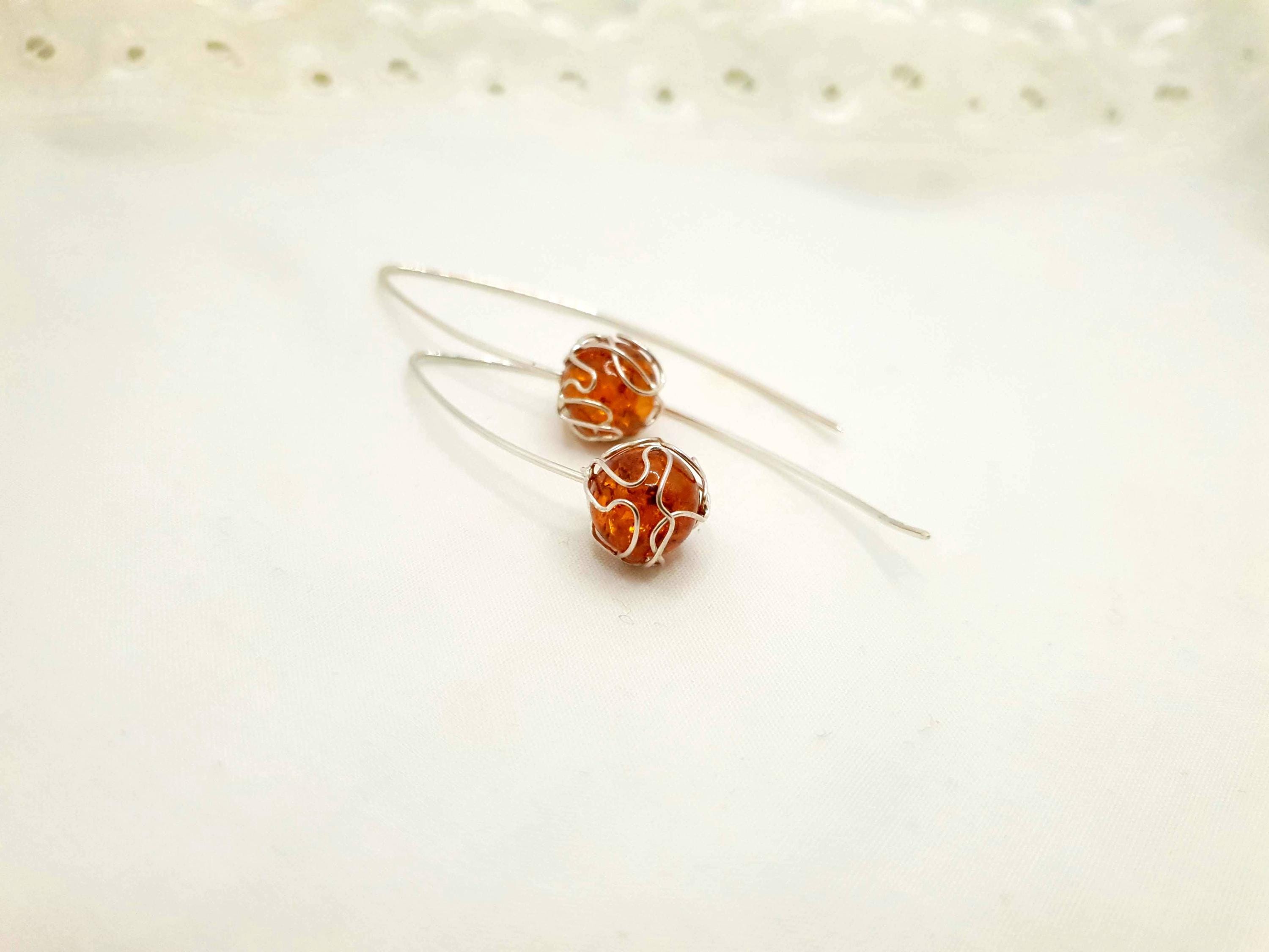 Amber Hoop Earrings – Sterling Silver 925 Long Hook With Cognac Honey Amber Beads