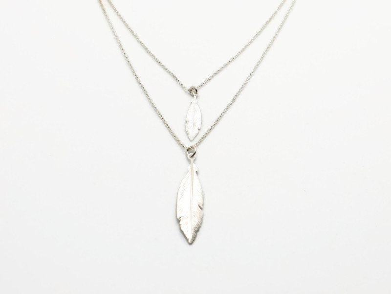 Boho Feather Necklace – Two Strand Double Chain Silver Pendant | Tribal Style Jewelry