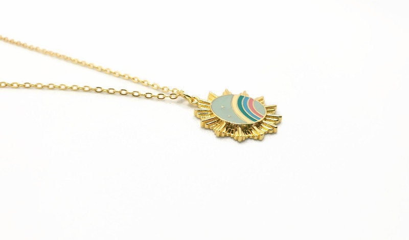 Gold Plated Sunburst Necklace: Rainbow Enamel Pendant