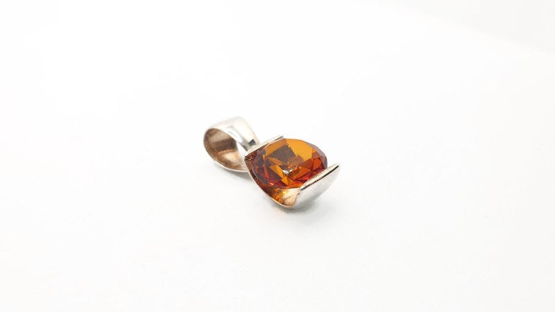 Cognac Baltic Amber Pendant – Faceted Amber Jewelry With Sterling Silver Pendant
